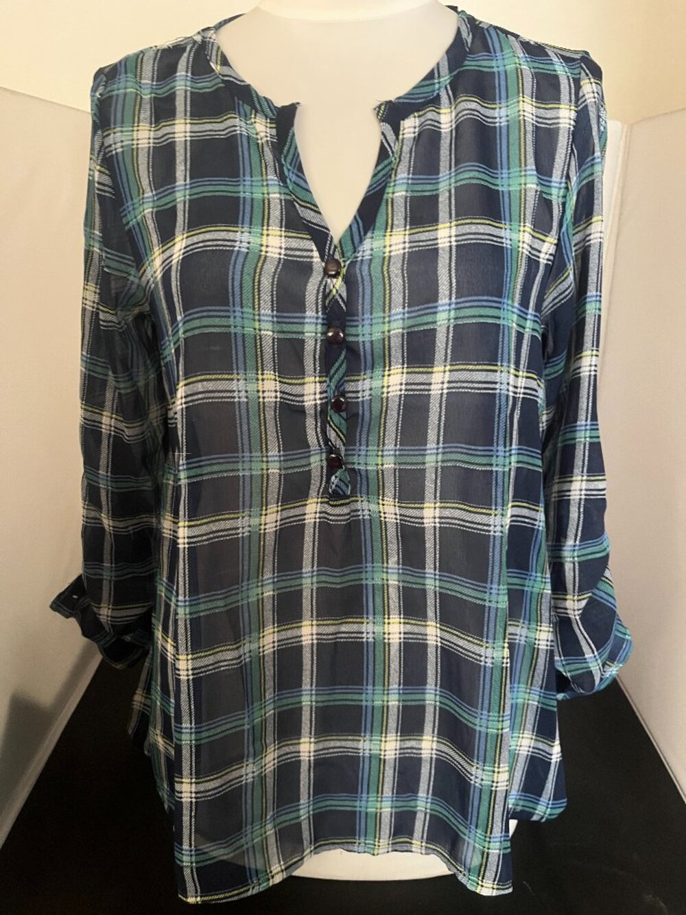 Angie Lightweight Sheer Plaid Blouse With Back Buttons Surprise!